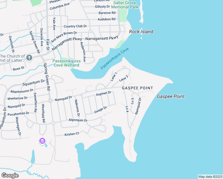 map of restaurants, bars, coffee shops, grocery stores, and more near 425 Namquid Drive in Warwick