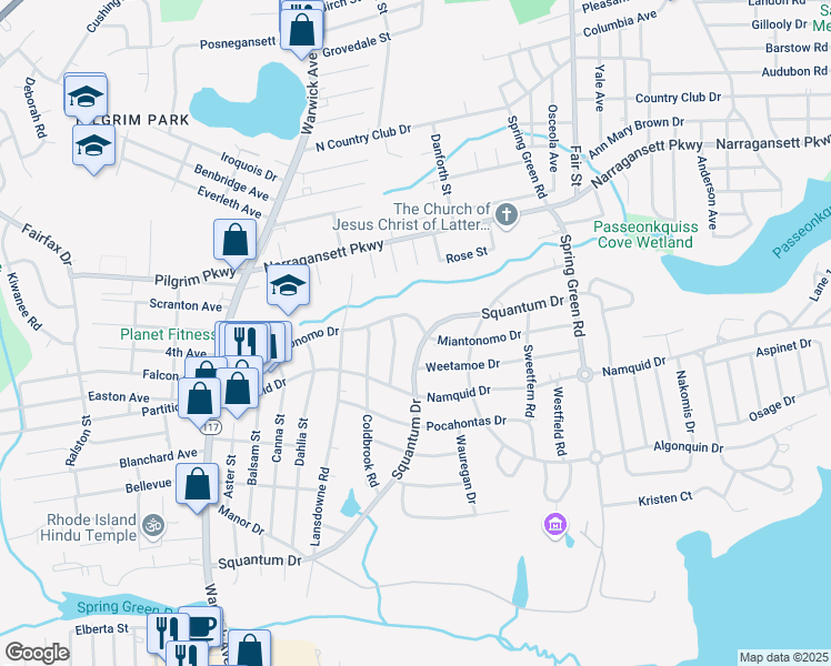map of restaurants, bars, coffee shops, grocery stores, and more near 170 Miantonomo Drive in Warwick