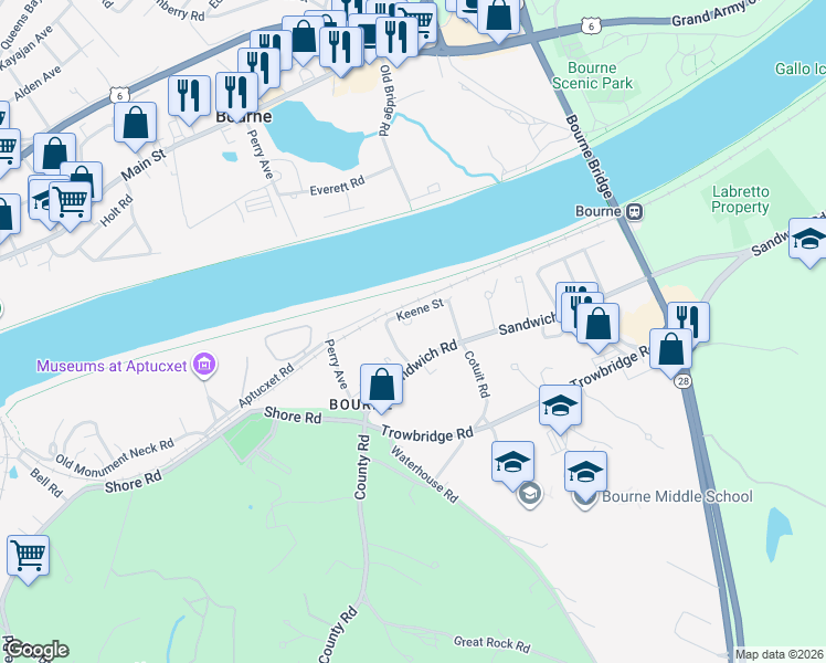 map of restaurants, bars, coffee shops, grocery stores, and more near 30 Keene Street in Bourne