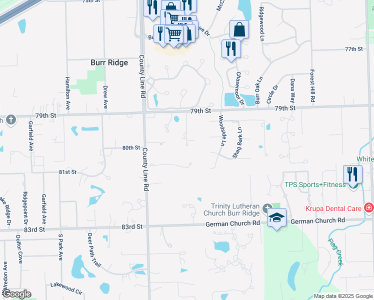 map of restaurants, bars, coffee shops, grocery stores, and more near 7950 Buck Trail in Willowbrook