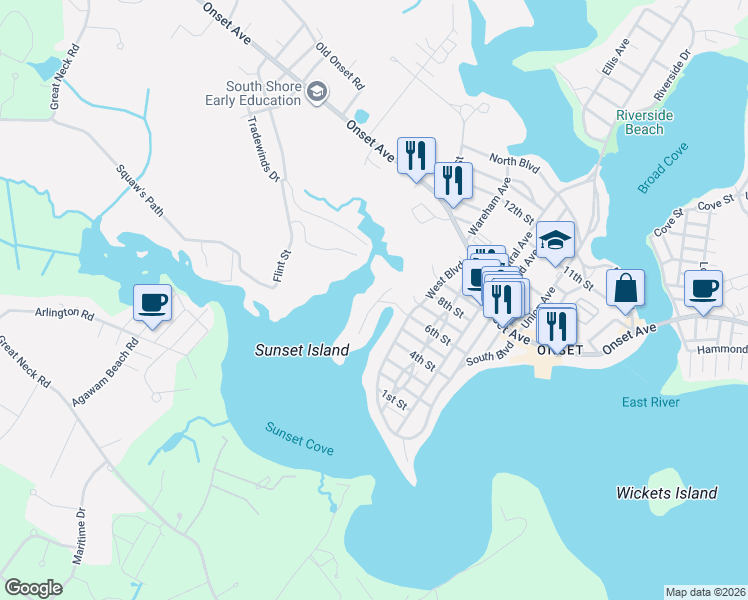 map of restaurants, bars, coffee shops, grocery stores, and more near 14 Sunset Avenue in Wareham