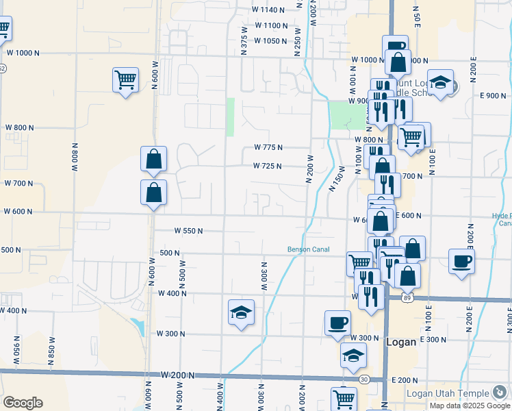 map of restaurants, bars, coffee shops, grocery stores, and more near 611 North 315 West in Logan