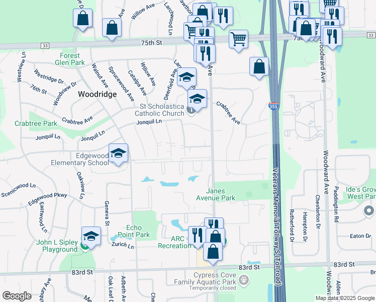 map of restaurants, bars, coffee shops, grocery stores, and more near 2449 Evergreen Lane in Woodridge