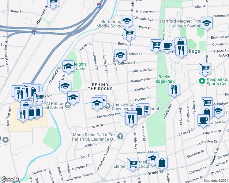 map of restaurants, bars, coffee shops, grocery stores, and more near 22 Grafton Street in Hartford