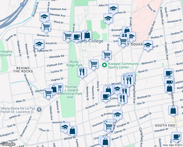 map of restaurants, bars, coffee shops, grocery stores, and more near 225 New Britain Avenue in Hartford