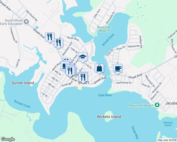 map of restaurants, bars, coffee shops, grocery stores, and more near 56 Dot's Lane in Wareham