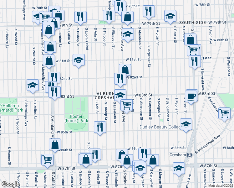 map of restaurants, bars, coffee shops, grocery stores, and more near 8259 South Elizabeth Street in Chicago