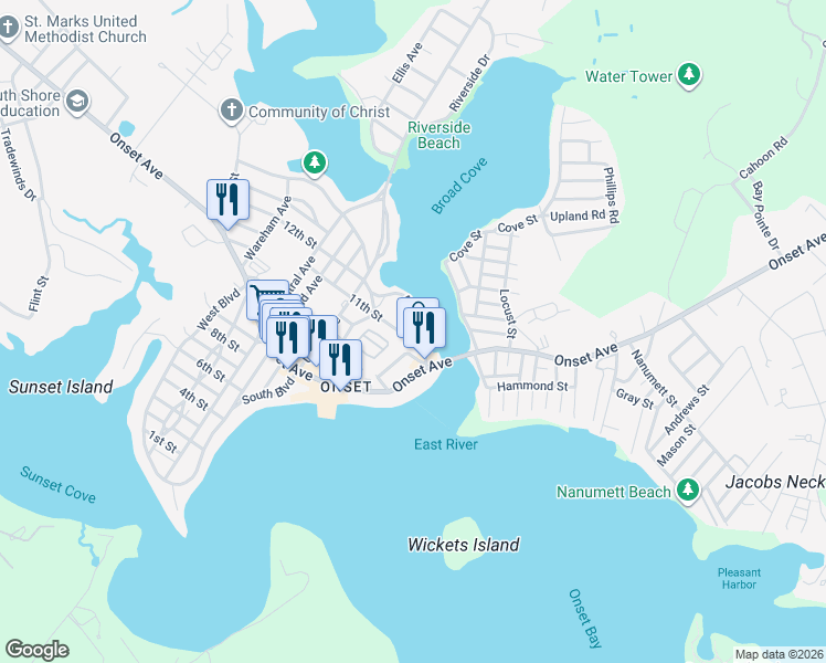map of restaurants, bars, coffee shops, grocery stores, and more near in Wareham