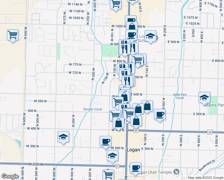 map of restaurants, bars, coffee shops, grocery stores, and more near 650 North 100 West in Logan