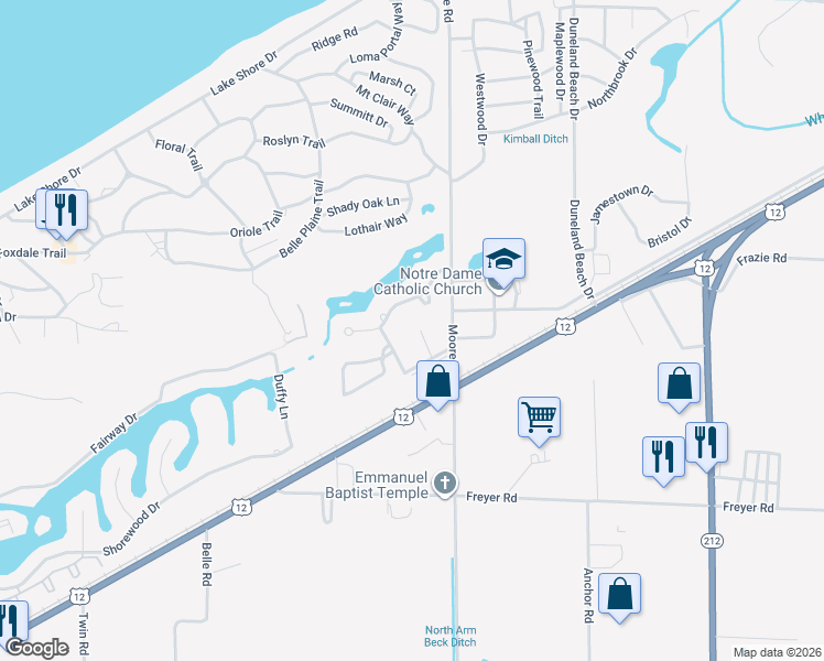 map of restaurants, bars, coffee shops, grocery stores, and more near 419 Birch Tree Lane in Michigan City