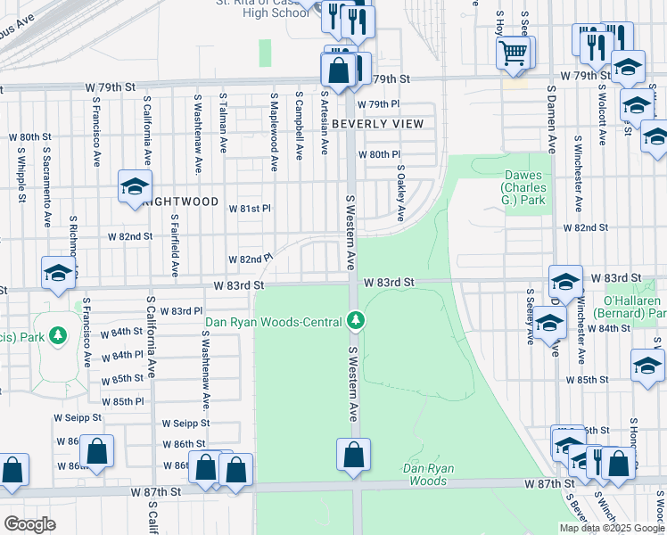 map of restaurants, bars, coffee shops, grocery stores, and more near 8236 South Artesian Avenue in Chicago