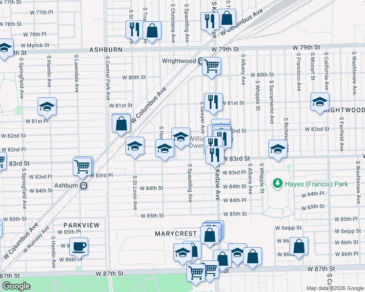 map of restaurants, bars, coffee shops, grocery stores, and more near 8215 South Christiana Avenue in Chicago