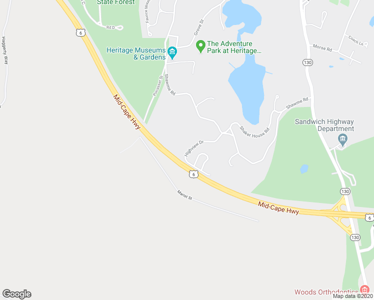map of restaurants, bars, coffee shops, grocery stores, and more near 53 Highview Drive in Sandwich