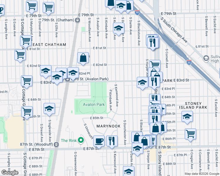map of restaurants, bars, coffee shops, grocery stores, and more near 8340 South Kimbark Avenue in Chicago