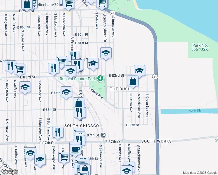map of restaurants, bars, coffee shops, grocery stores, and more near 8345 South Bond Avenue in Chicago