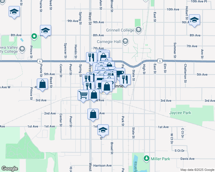 map of restaurants, bars, coffee shops, grocery stores, and more near 801 4th Ave in Grinnell