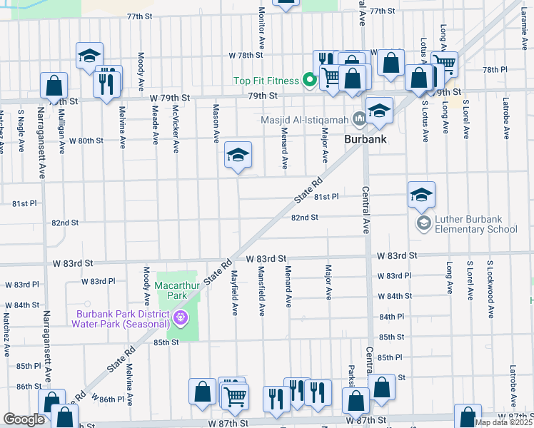 map of restaurants, bars, coffee shops, grocery stores, and more near 5828 82nd Street in Burbank