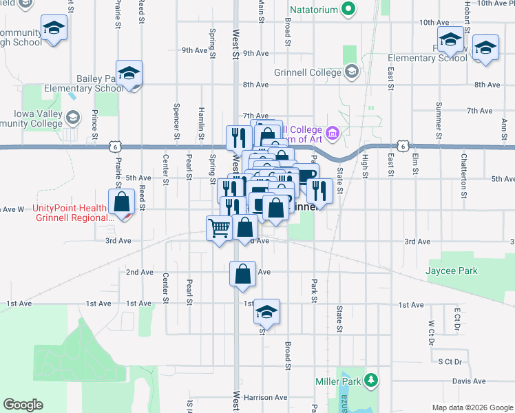 map of restaurants, bars, coffee shops, grocery stores, and more near 801 4th Ave in Grinnell