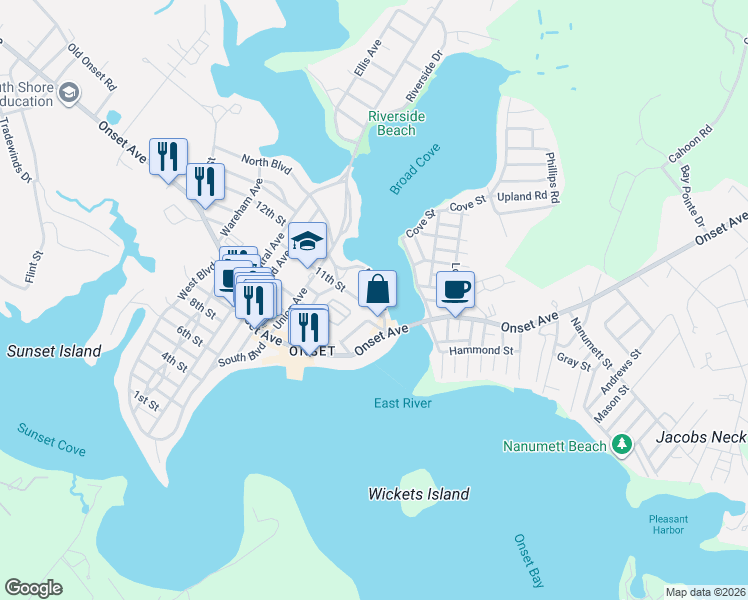 map of restaurants, bars, coffee shops, grocery stores, and more near in Wareham