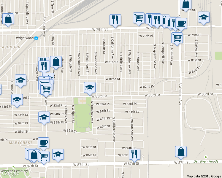 map of restaurants, bars, coffee shops, grocery stores, and more near 8236 South California Avenue in Chicago