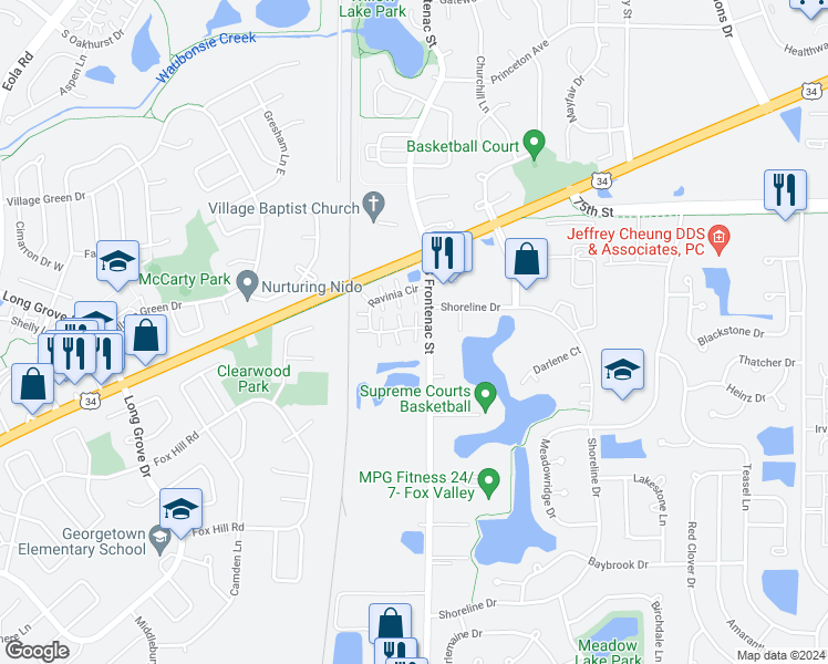 map of restaurants, bars, coffee shops, grocery stores, and more near 3368 Ravinia Circle in Aurora