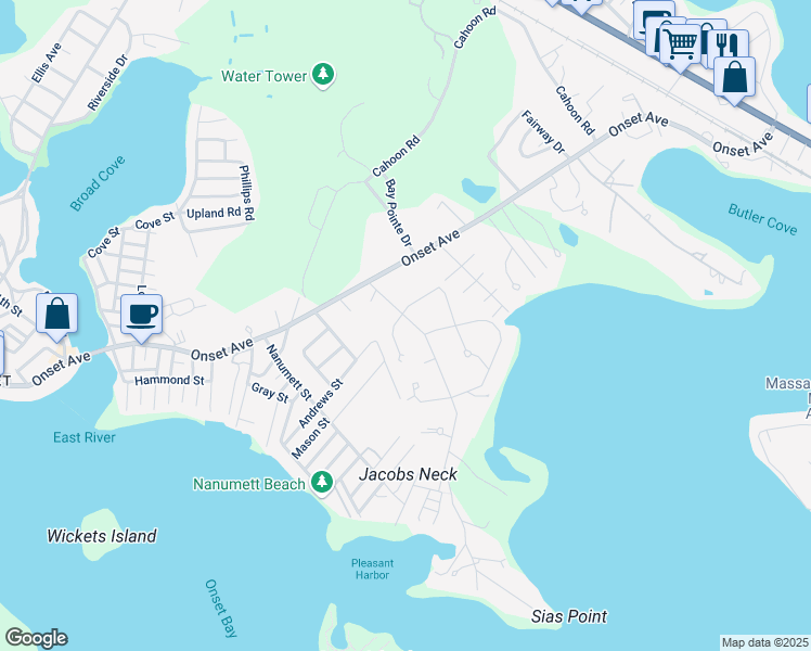 map of restaurants, bars, coffee shops, grocery stores, and more near 5 Robinwood Road in Wareham