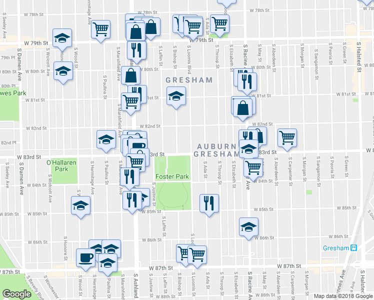 map of restaurants, bars, coffee shops, grocery stores, and more near 8254 South Loomis Boulevard in Chicago
