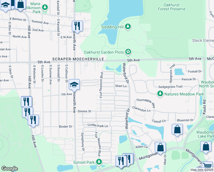 map of restaurants, bars, coffee shops, grocery stores, and more near 686 Four Seasons Boulevard in Aurora