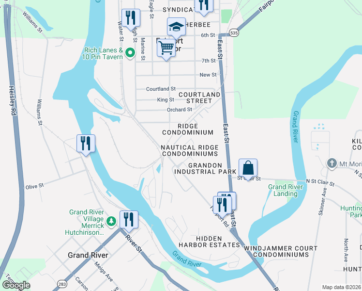 map of restaurants, bars, coffee shops, grocery stores, and more near 301 Nautical Way in Fairport Harbor