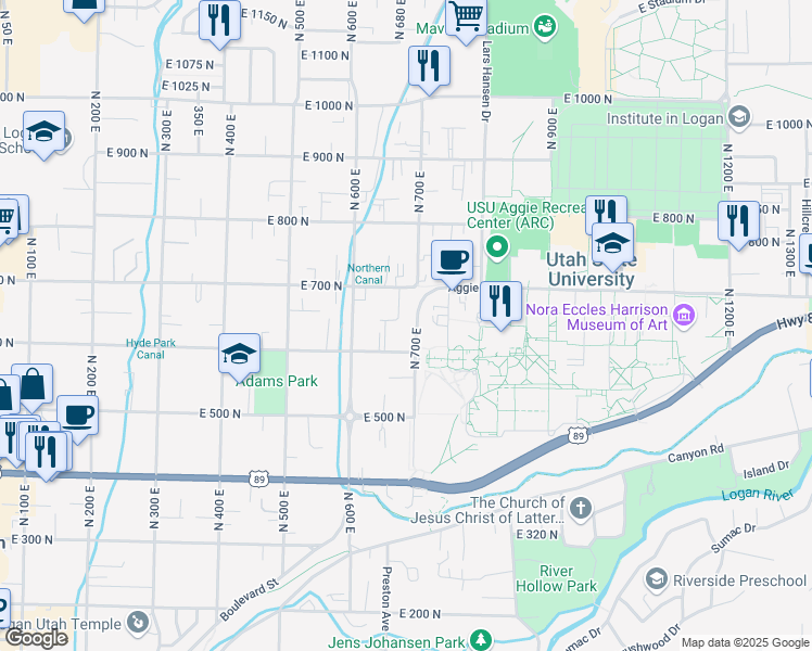 map of restaurants, bars, coffee shops, grocery stores, and more near 30 Hillside Circle in Logan