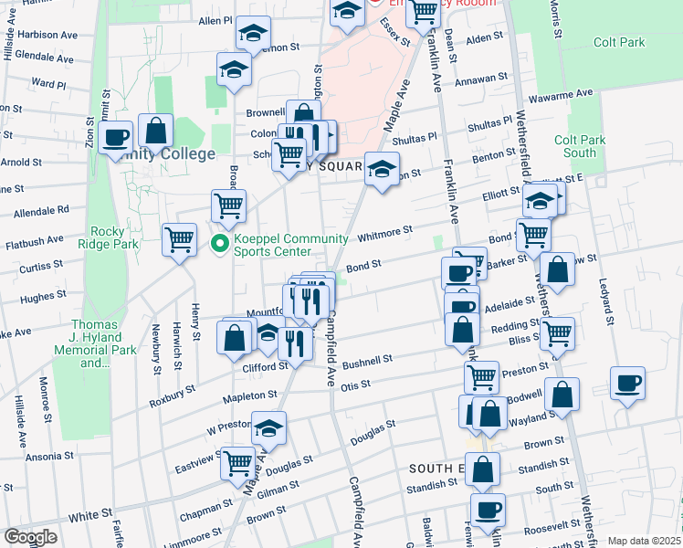 map of restaurants, bars, coffee shops, grocery stores, and more near in Hartford