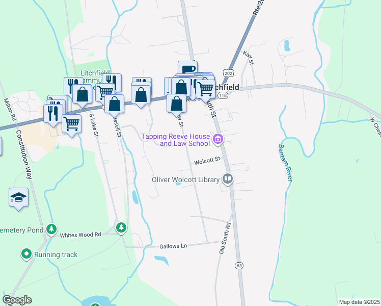 map of restaurants, bars, coffee shops, grocery stores, and more near 132 Meadow Street in Litchfield