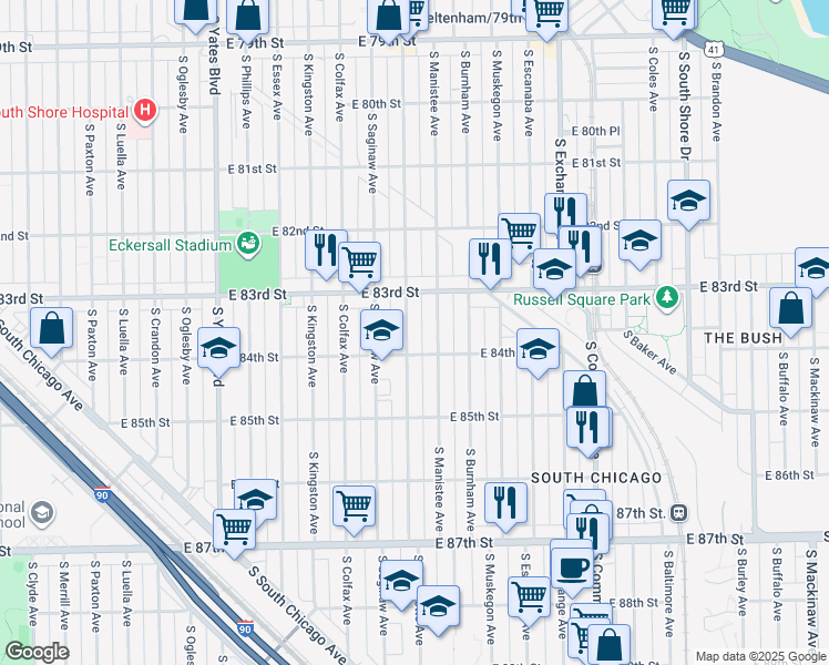 map of restaurants, bars, coffee shops, grocery stores, and more near 8336 South Manistee Avenue in Chicago