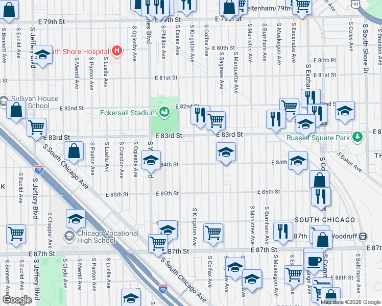 map of restaurants, bars, coffee shops, grocery stores, and more near 8336 South Kingston Avenue in Chicago