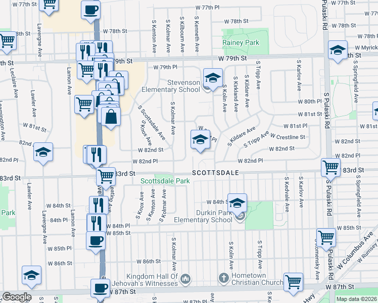 map of restaurants, bars, coffee shops, grocery stores, and more near 8201 South Kilbourn Avenue in Chicago