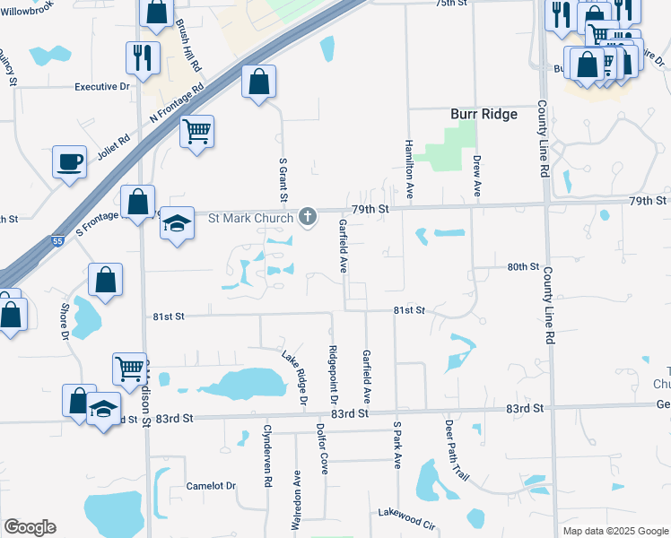 map of restaurants, bars, coffee shops, grocery stores, and more near 14 Pine Tree Lane in Burr Ridge