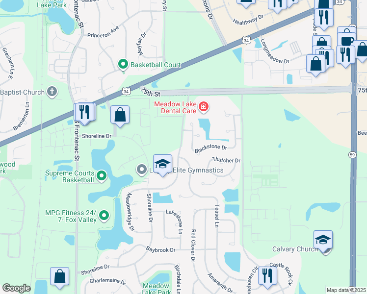 map of restaurants, bars, coffee shops, grocery stores, and more near 708 Meadowridge Drive in Aurora