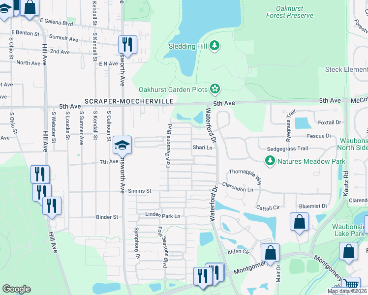 map of restaurants, bars, coffee shops, grocery stores, and more near 686 Four Seasons Boulevard in Aurora
