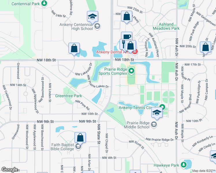 map of restaurants, bars, coffee shops, grocery stores, and more near 1602 Northwest Prairie Lakes Drive in Ankeny