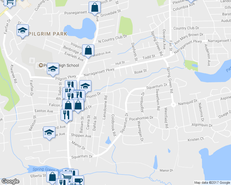 map of restaurants, bars, coffee shops, grocery stores, and more near 224 Miantonomo Drive in Warwick