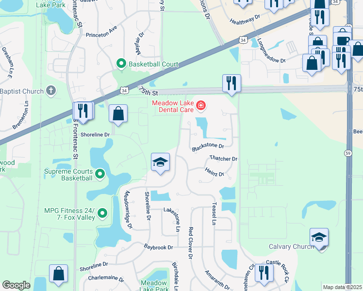 map of restaurants, bars, coffee shops, grocery stores, and more near 708 Meadowridge Drive in Aurora