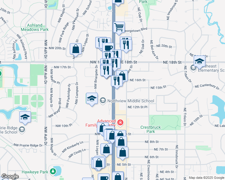 map of restaurants, bars, coffee shops, grocery stores, and more near 1451 North Ankeny Boulevard in Ankeny