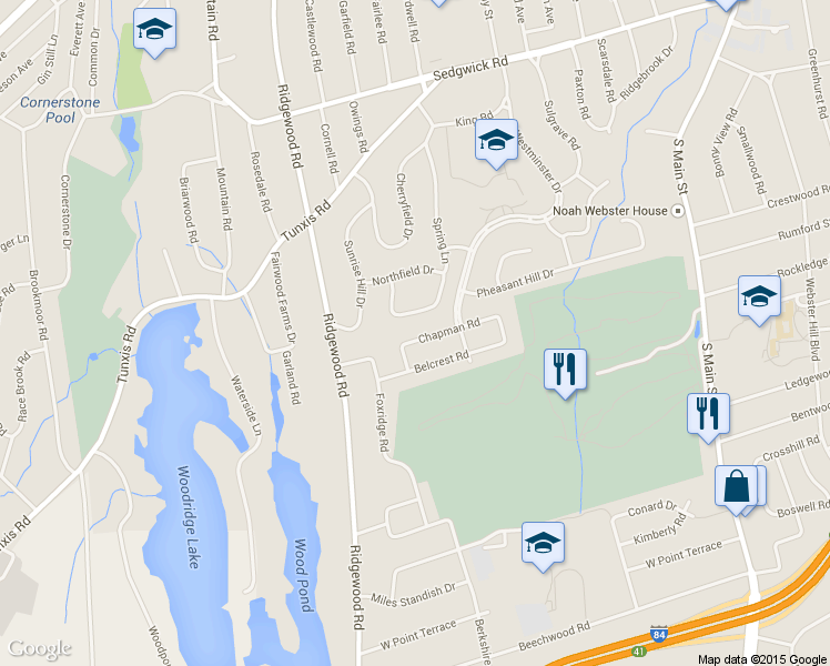 map of restaurants, bars, coffee shops, grocery stores, and more near 18 Chapman Road in West Hartford
