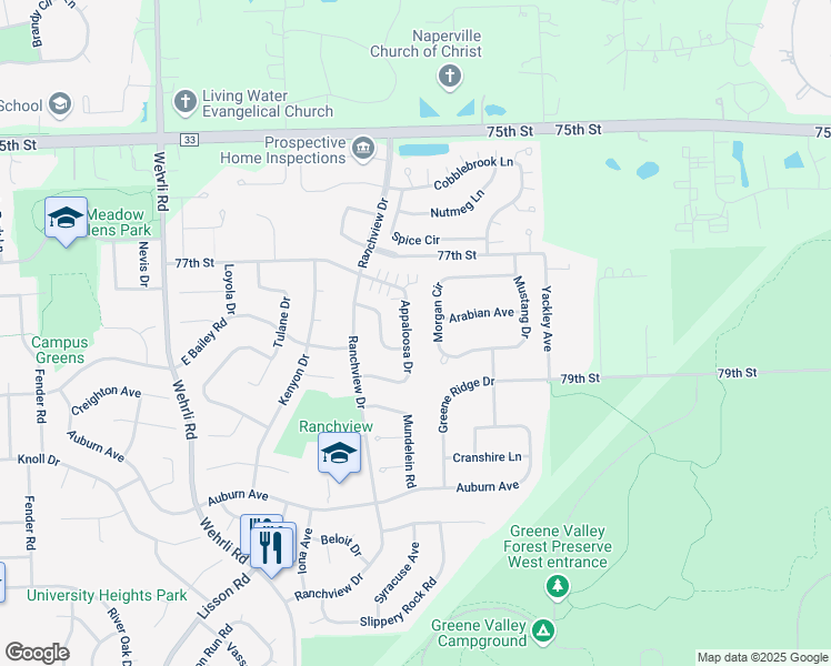 map of restaurants, bars, coffee shops, grocery stores, and more near 1877 Appaloosa Drive in Naperville