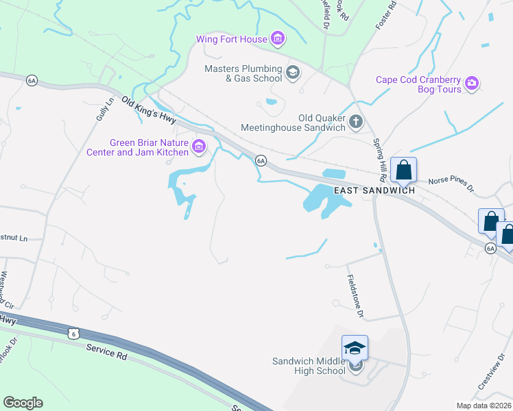 map of restaurants, bars, coffee shops, grocery stores, and more near 306 Massachusetts 6A in Sandwich