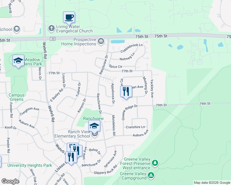 map of restaurants, bars, coffee shops, grocery stores, and more near 1877 Appaloosa Drive in Naperville