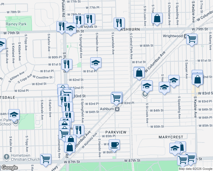 map of restaurants, bars, coffee shops, grocery stores, and more near 3728 West 82nd Place in Chicago