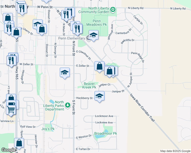 map of restaurants, bars, coffee shops, grocery stores, and more near 250 South Chestnut Street in North Liberty