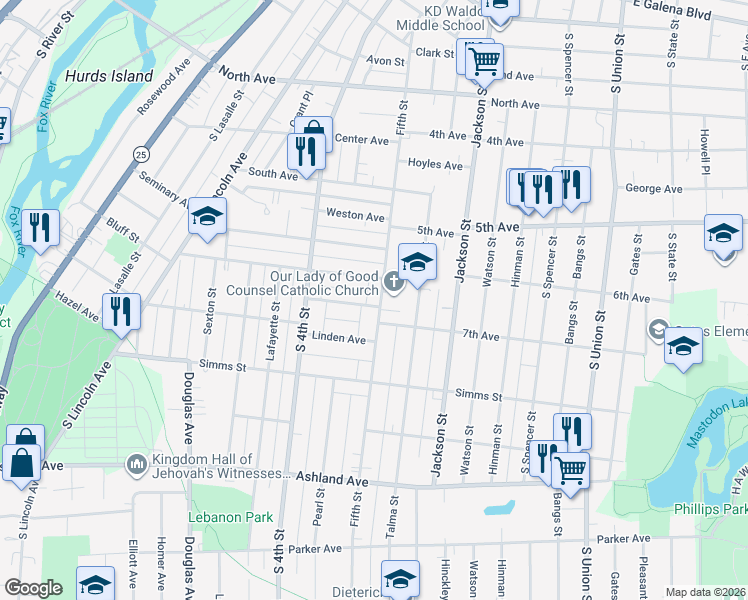 map of restaurants, bars, coffee shops, grocery stores, and more near 460 Maple Avenue in Aurora