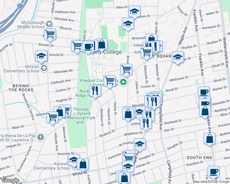 map of restaurants, bars, coffee shops, grocery stores, and more near 16 Henry Street in Hartford